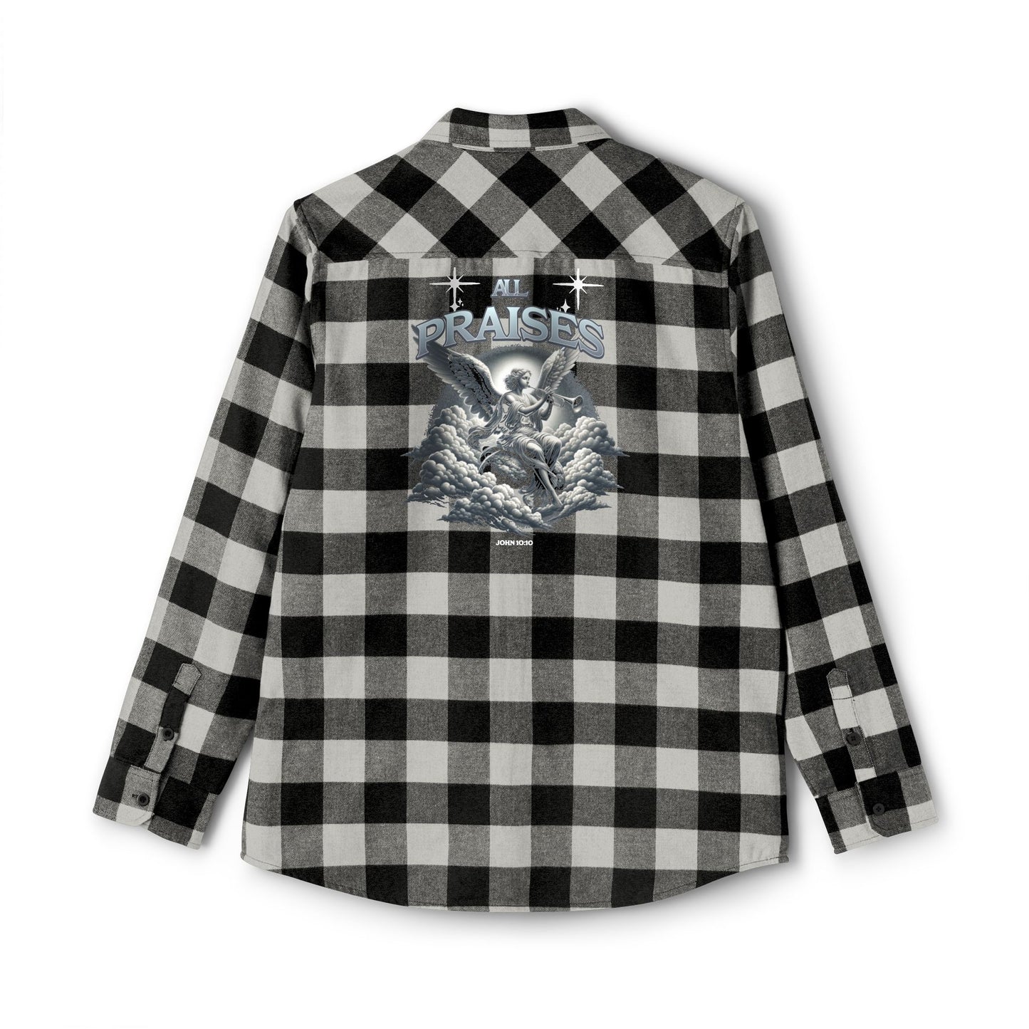 All Praise Buffalo Plaid Flannel Shirt — Angel Graphic Back