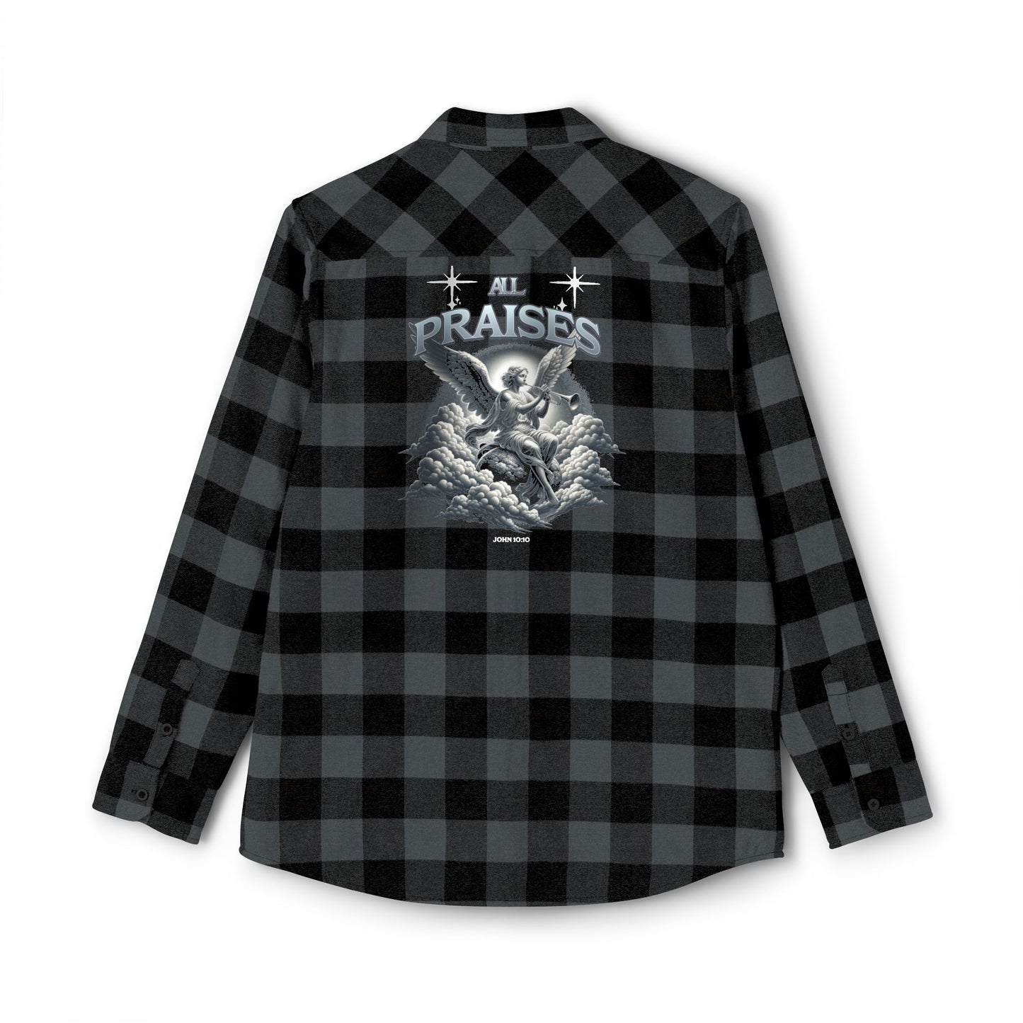 All Praise Buffalo Plaid Flannel Shirt — Angel Graphic Back