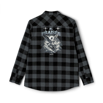 All Praise Buffalo Plaid Flannel Shirt — Angel Graphic Back