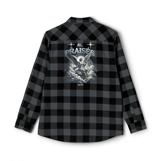 All Praise Buffalo Plaid Flannel Shirt — Angel Graphic Back