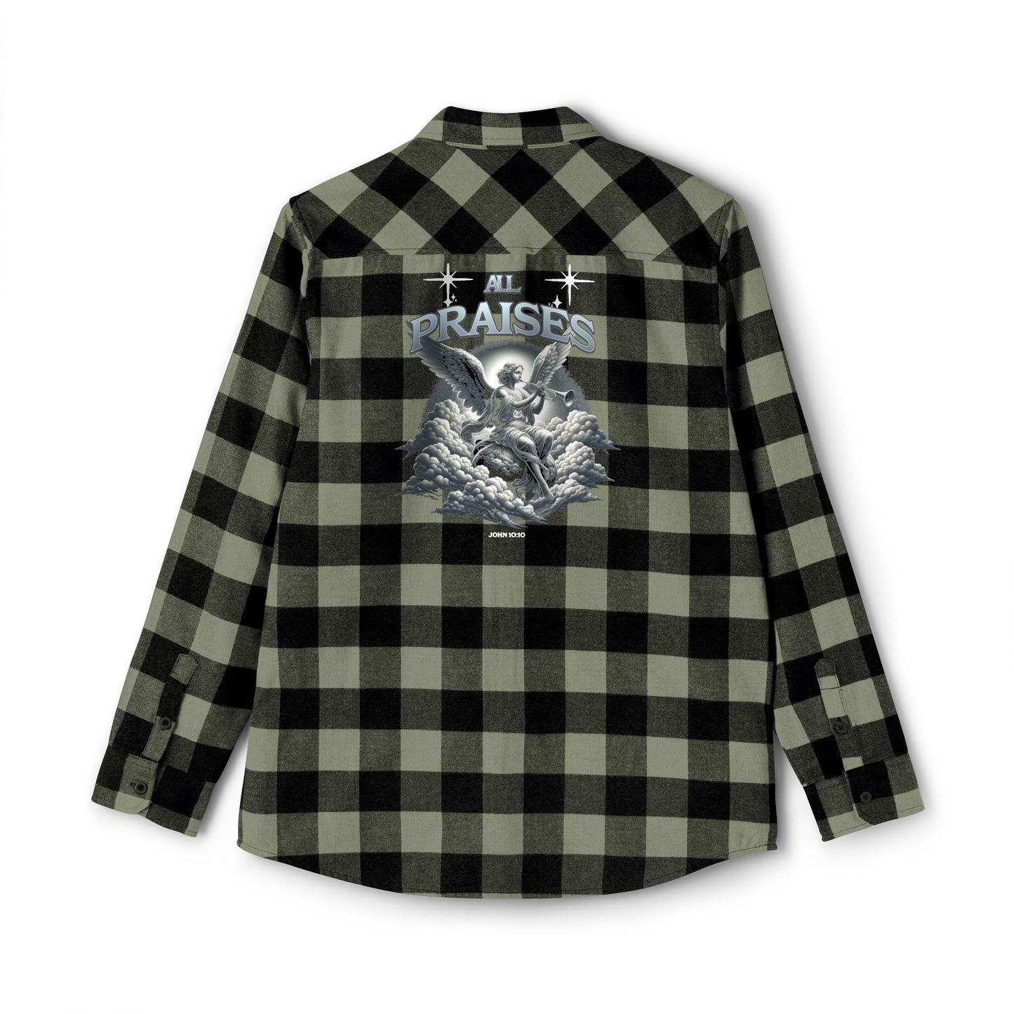 All Praise Buffalo Plaid Flannel Shirt — Angel Graphic Back