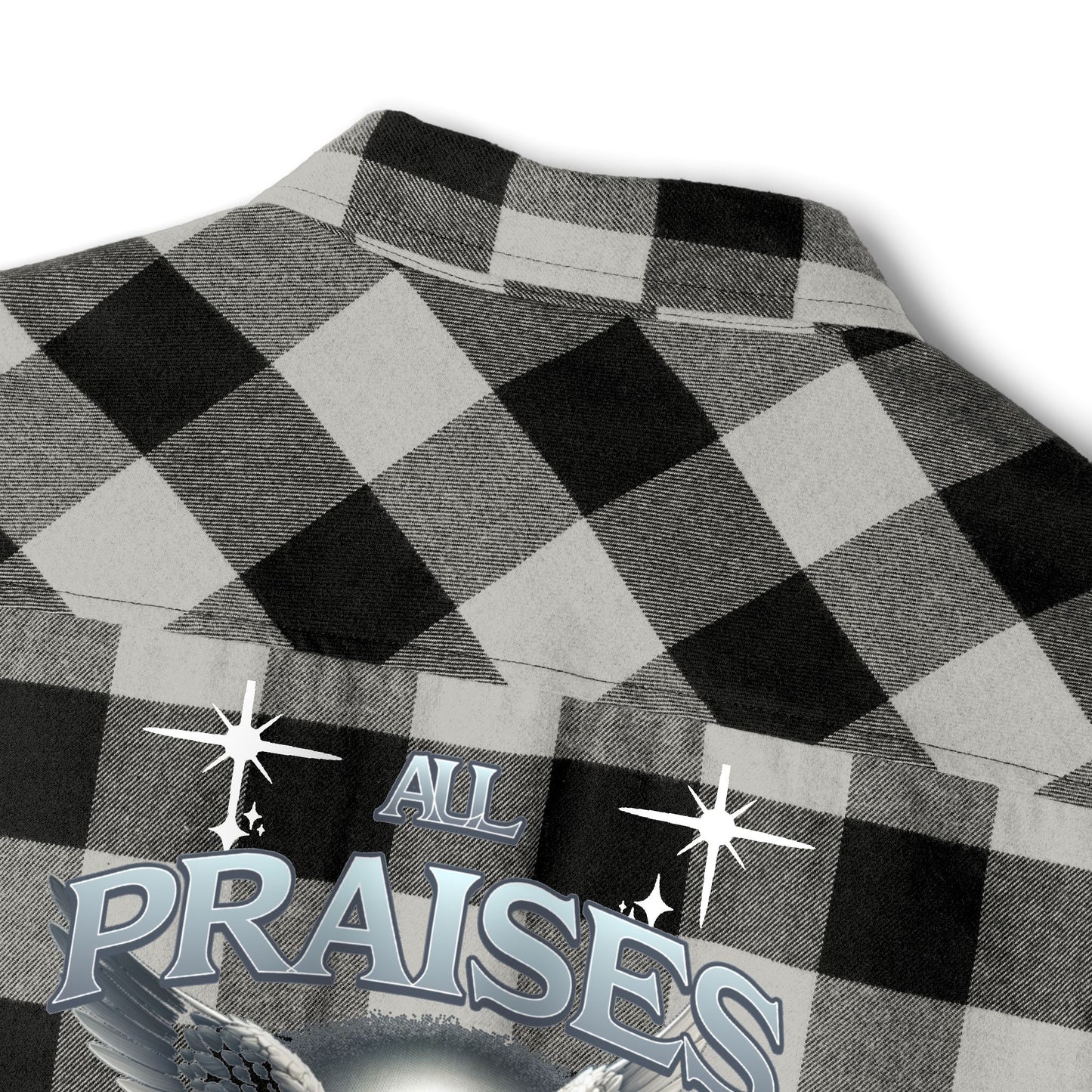 All Praise Buffalo Plaid Flannel Shirt — Angel Graphic Back