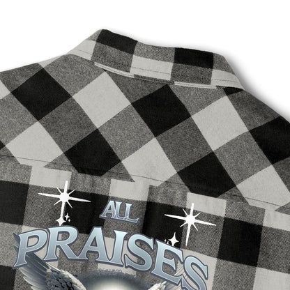 All Praise Buffalo Plaid Flannel Shirt — Angel Graphic Back