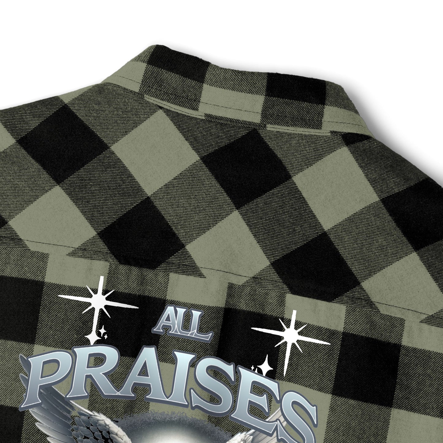 All Praise Buffalo Plaid Flannel Shirt — Angel Graphic Back
