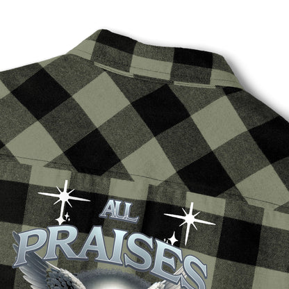 All Praise Buffalo Plaid Flannel Shirt — Angel Graphic Back