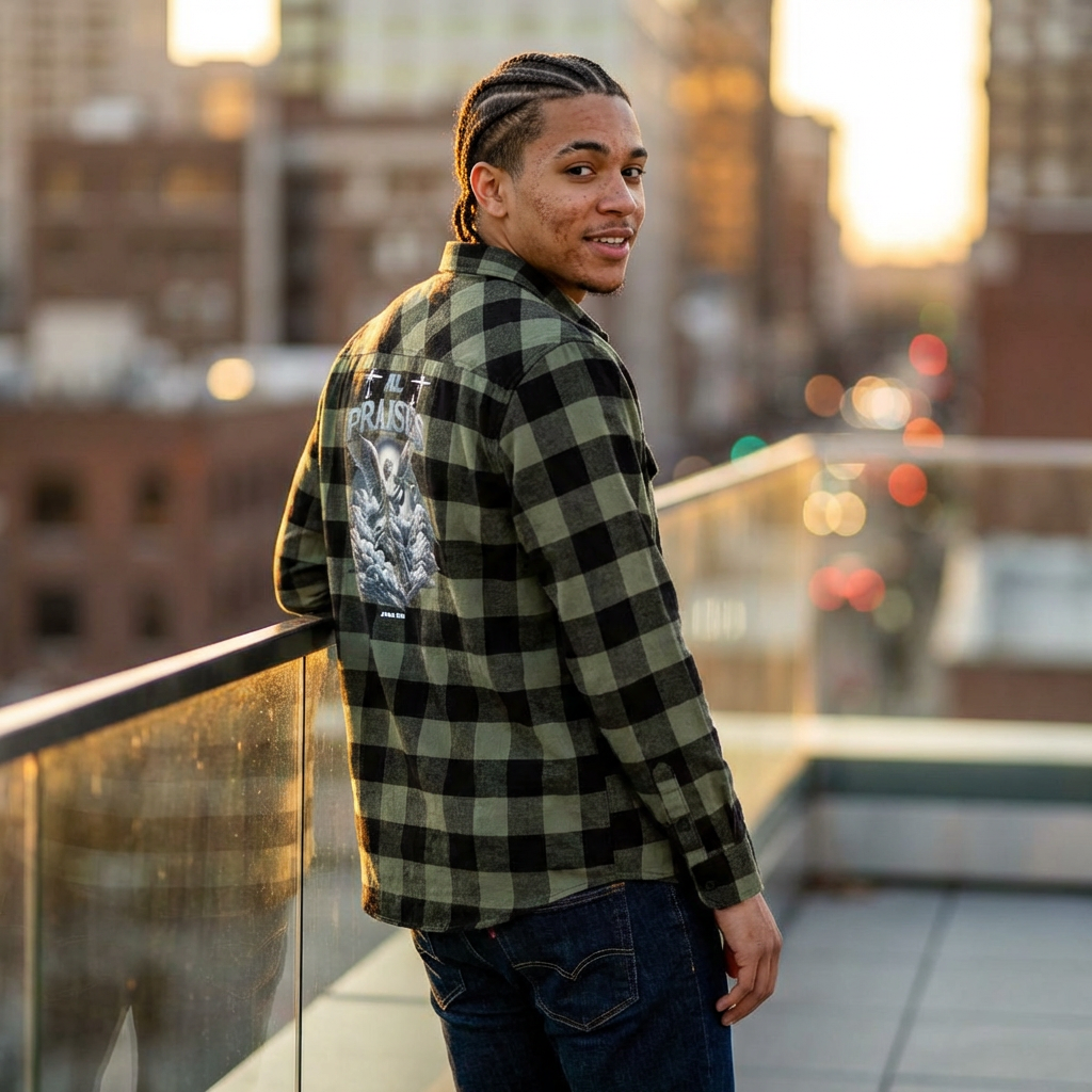 All Praise Buffalo Plaid Flannel Shirt — Angel Graphic Back