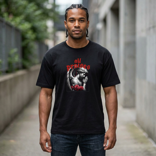 All Praises Tee — Gothic Prayer Graphic T-Shirt