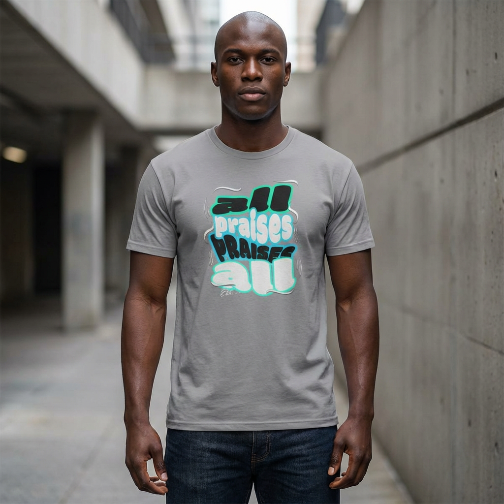Praises All Graphic Tee — Retro 3D Text Christian T‑Shirt